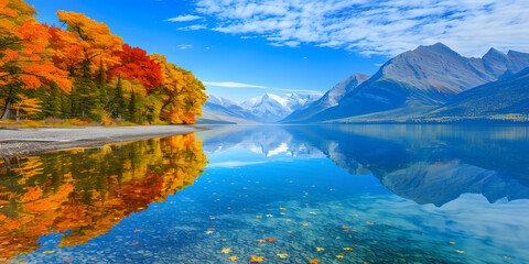 Lago de montanha sereno refletindo as árvores circundantes e um céu azul claro
