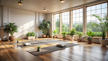 Fototapeta premium Serene minimalist room with plants, wooden floor, and natural light, evoking a peaceful atmosphere perfect for meditation and mindfulness practices.