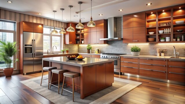 Elegant modern kitchen interior features sleek cabinetry, terracotta accents, and stainless steel appliances, evoking warmth and sophistication in an inviting culinary space.