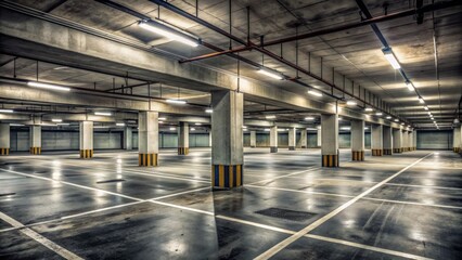 A bleak, dimly lit, and utterly deserted concrete interior parking lot with rows of empty stalls and a slightly worn, oil-stained floor.