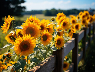 A Charming Country Road Lined With Tall Sunflowers And Rustic Wooden Fences