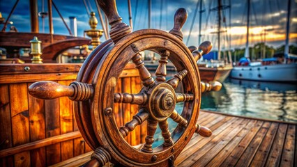 A beautifully crafted, intricately detailed, antique wooden ship wheel, adorned with ornate carvings, standing proudly on a retro sailboat's deck, beside a rustic rudder.