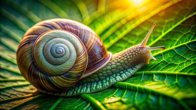 A vibrant green leaf provides a serene backdrop for a majestic snail, its swirling helix shell glistening in a macro closeup, exuding tranquility and natural beauty.