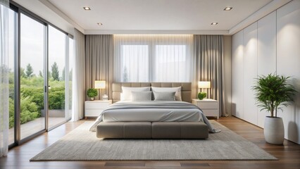 Fototapeta premium Sleek white bedroom with minimalist decor, plush carpet, and modern furnishings, featuring a spacious bed, nightstand, and floor-to-ceiling curtains bathed in soft natural light.