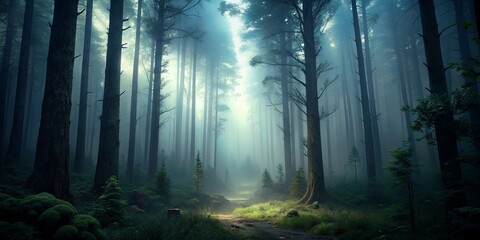 Obraz premium A foggy forest scene with tall trees, a mysterious atmosphere, and soft light breaking through the mist. 
