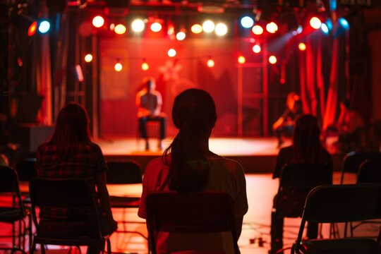 People sitting in chairs watching a performer on stage