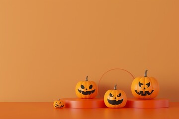 Three carved pumpkins with spooky faces set on a matching orange background, perfect for Halloween