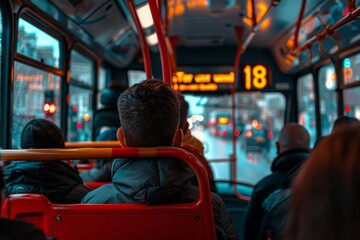 Naklejka premium People sitting on a bus looking out the window at a city