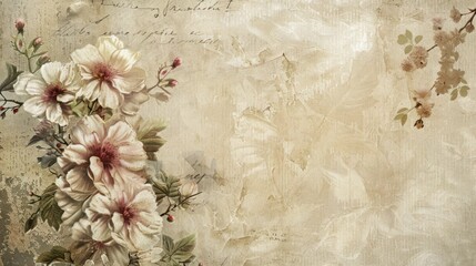 Old worn paper background with classic vintage rose flowers plant botanical decoration.