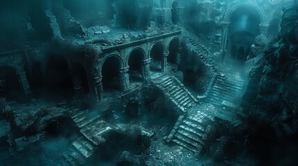 Mysterious underwater ruins with stone arches and steps, hinting at a lost civilization.