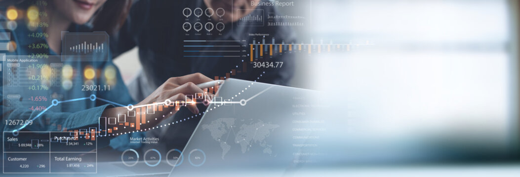 Data analysis for business success. Intelligence and business analytics. Business team analyzing sale report  with key performance indicators (KPI) dashboard, Customer data insight