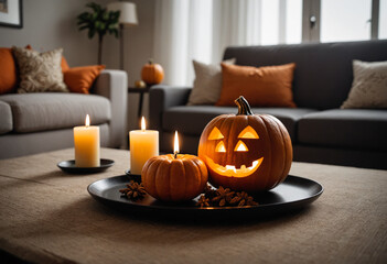 Table in a Modern Living Room Decorated for Halloween Close-Up