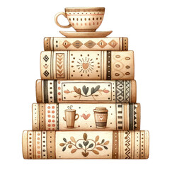 Beige floral design with coffee cup on stacked books for cozy decor in watercolor clipart on transparent background