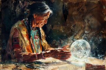 Painting of a native woman holding a crystal ball in her hands, fortune teller