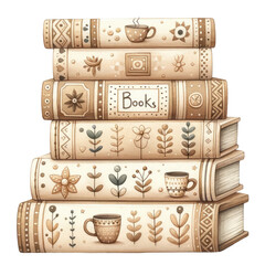 Beige folk art pattern with coffee cup design stacked books for living room decor in watercolor clipart on transparent background

