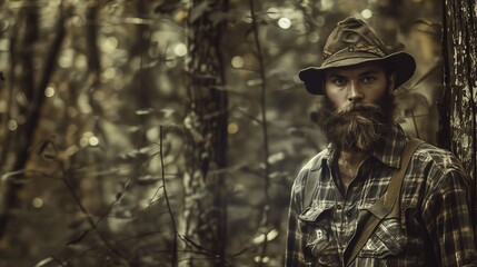 Obraz premium A man with a beard and hat standing in the woods.