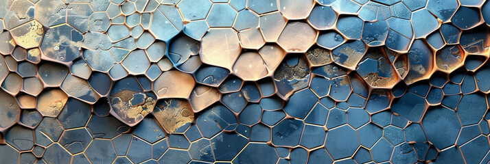 A captivating 3D wall art piece featuring a network of interlocking hexagons in varying shades of blue and gold, creating a dynamic decor element.