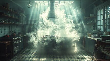 Abstract kitchen with swirling light and smoke.