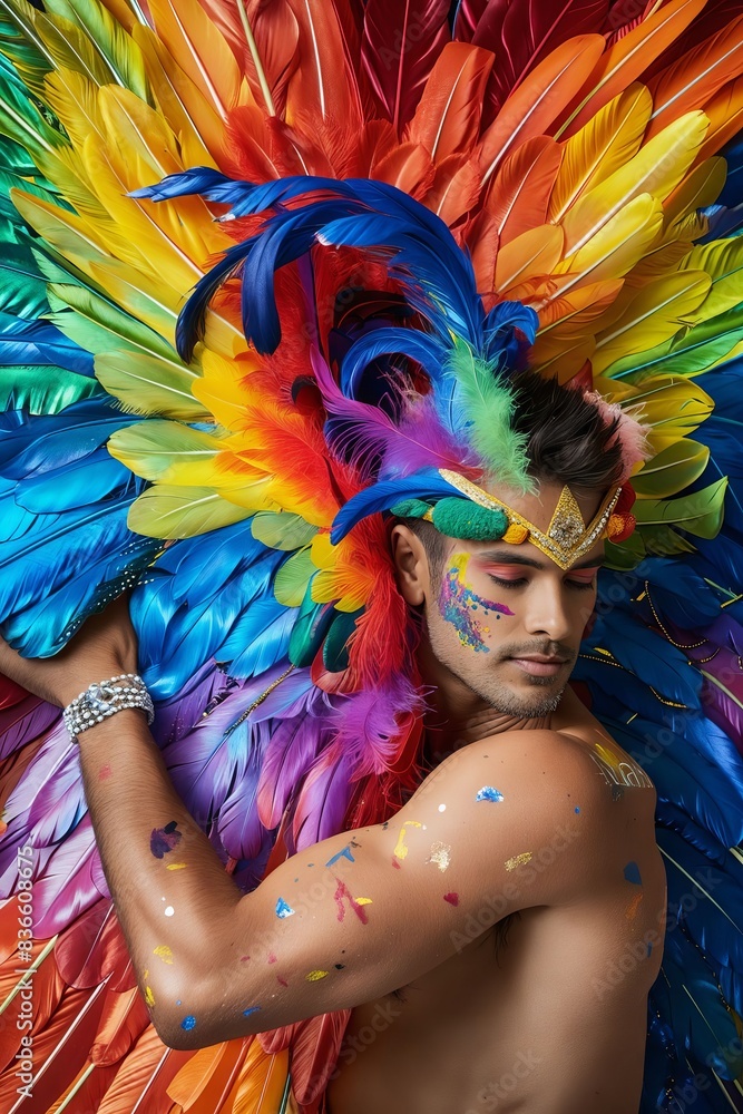 Wall mural a man with colorful feathers and paint on his face. lgbt.