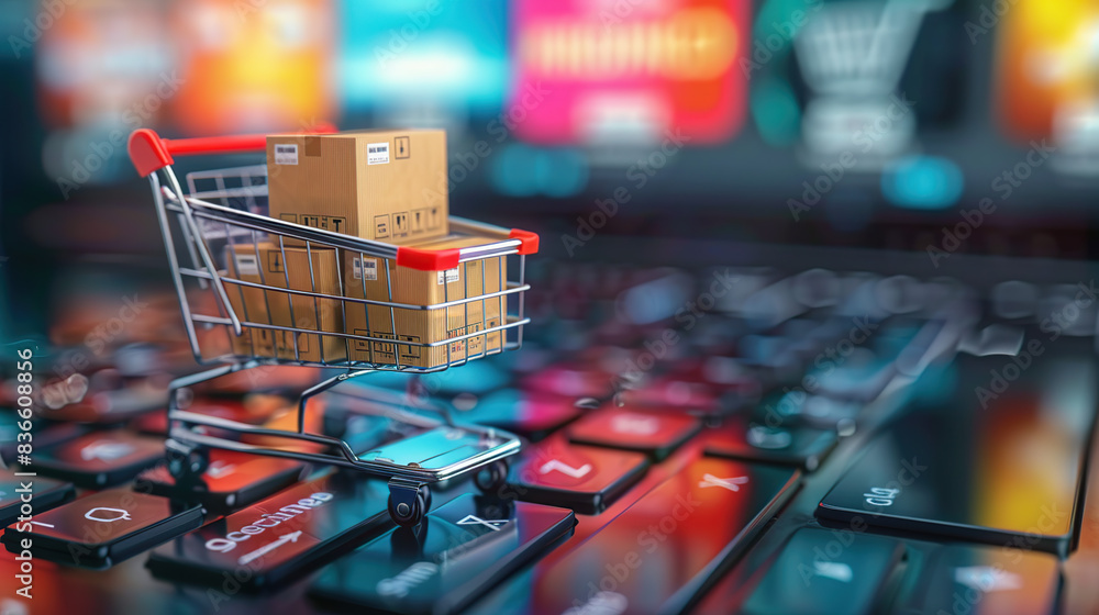 Wall mural Digital online shopping concept, miniature cart with boxes on laptop keyboard and blurred web store interface background