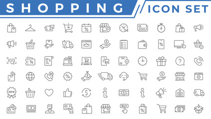 Shopping icon set. Online shopping, store, delivery, promotion and shopping cart symbol. Solid icons vector collection