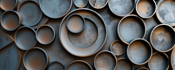 A contemporary 3D wall art piece featuring a series of overlapping metallic circles in various sizes, creating a modern decor element.