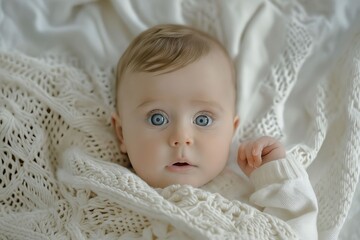 A baby with blue eyes is laying on a white blanket.