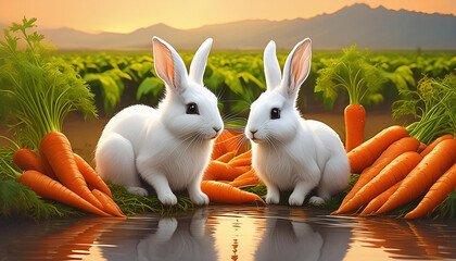 Rabbits near a river sitting with carrots and carrots field in background 