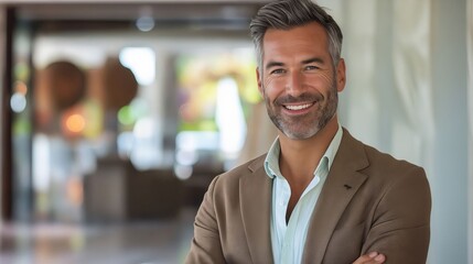 Obraz premium A smiling man in a brown suit.