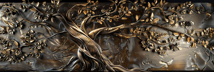 A detailed 3D wall art of a tree with sprawling branches and intricate leaves, crafted from polished wood and metallic accents.