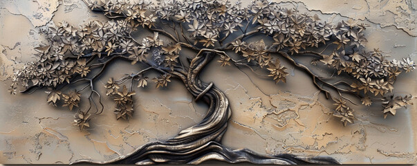 A detailed 3D wall art of a tree with sprawling branches and intricate leaves, crafted from polished wood and metal accents.