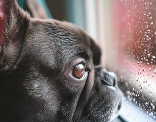 雨が降る日、窓の外をながめるフレンチブルドッグ
