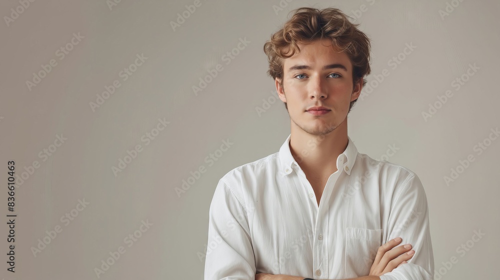Wall mural a young man in a white shirt standing with his arms crossed. - Wall murals