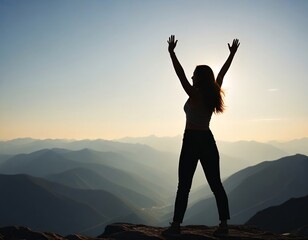 Fototapeta premium A silhouette woman stands triumphant on a mountain peak, arms raised to the sky as the sun sets in a blaze of color Generative AI