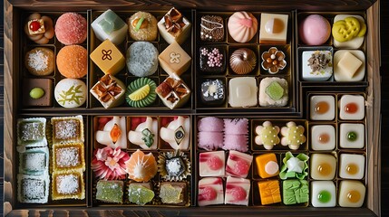 Fototapeta premium A top view of assorted wagashi arranged in a traditional wooden box, featuring a variety of shapes, colors, and textures, highlighting the diversity and beauty of Japanese confections