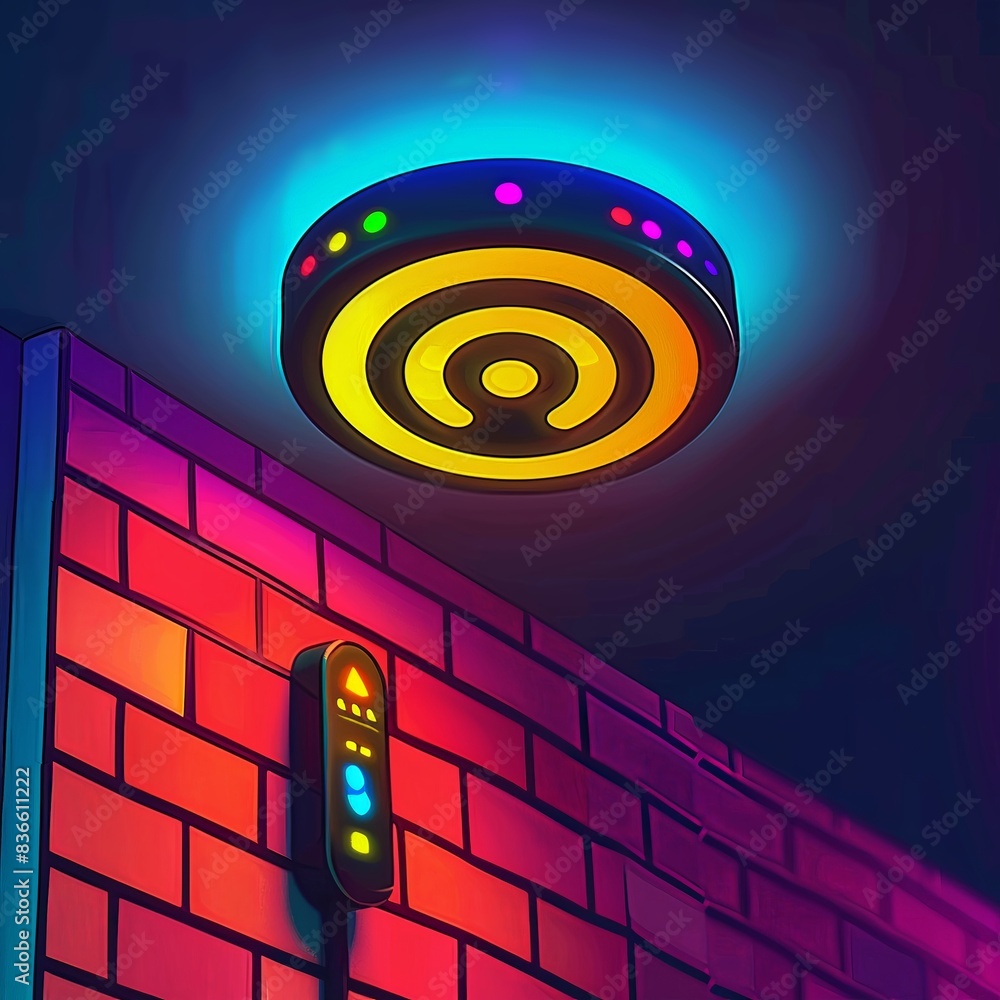 Poster zoomedin image of a wireless access point on a ceiling, showcasing its sleek design and indicator li