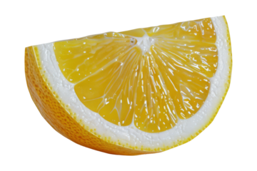 Close-up of a single lemon slice isolated on a white background, showcasing its vibrant yellow color and juicy texture.