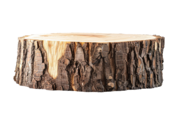 Close-up of a wooden tree stump slice with bark. Isolated on a white background, suitable for nature, rustic, and craft concepts.