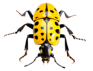 Close-up of a yellow and black spotted insect isolated on a white background, showcasing vibrant colors and detailed patterns.