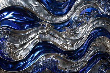 A luxurious 3D wall art piece featuring an abstract representation of ocean waves, crafted from shimmering blue and silver materials.