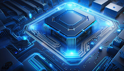 Chip of computer with glowing blue light