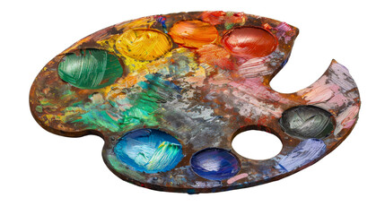 Fototapeta premium A well-used artist's palette with colorful paint remnants.