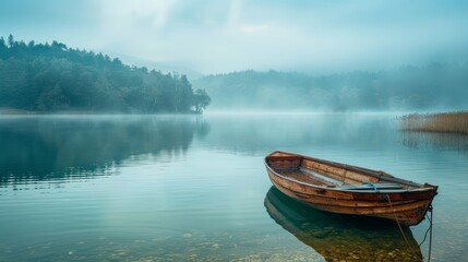 Fototapeta premium Serene Morning Scene: Vintage Rowboat by Calm Lakeside.