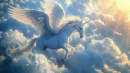 Majestic Pegasus Soaring Above Clouds, Symbolizing Freedom and Power.