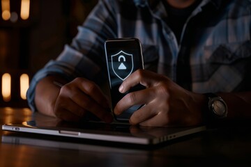 Data network security and privacy concepts. Merchants use smartphones and computers with cybersecurity technology to protect personal data and secure Internet access.