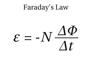 Faraday’s law of electromagnetic induction on the white background. Education. Science. School. Formula. Vector illustration.