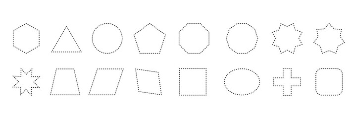 Set of Geometric shape icon dotted line . Basic Geometric symbol collection. Black silhouette large collection basic figures. Vector Illustration.