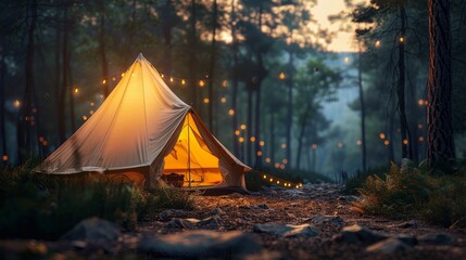 Enchanted Camping, Illuminated tent in a forest with string lights, Tranquil and Magical Outdoor Experience