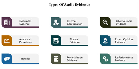 Eight Types of audit evidence. Infographic template with icons and description placeholder