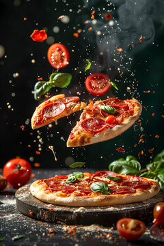 Hot piece of pepperoni pizza floating in the air, on a black background